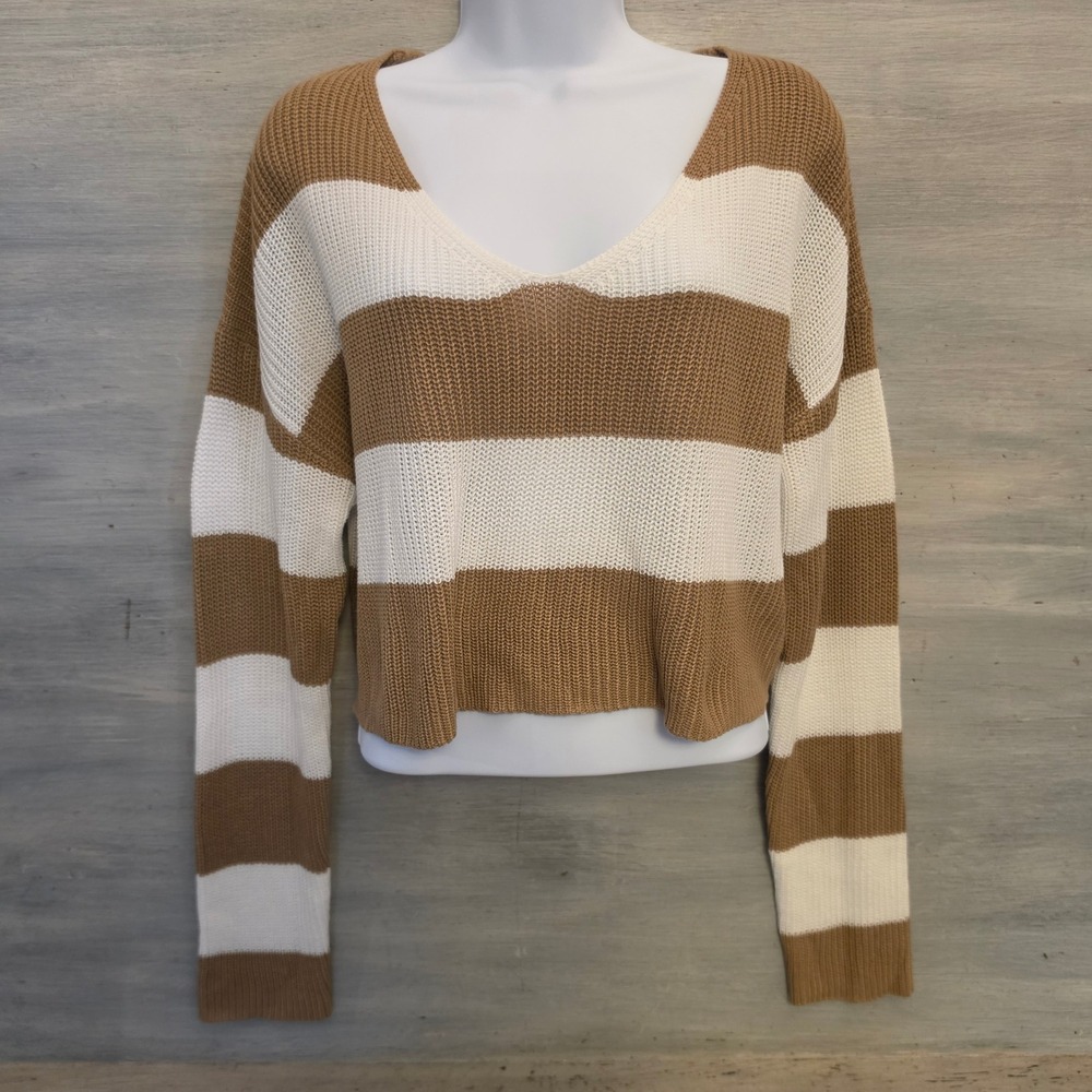 SHEIN Wide Vneck Brown/White Striped Cropped Knit Pullover Sweater Large GC